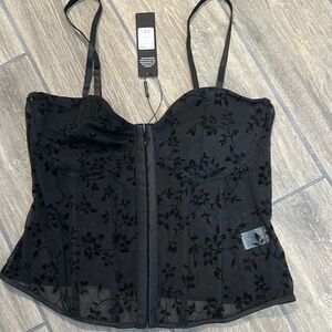 Fashion Nova NWT Black Fitted Bustier. Size 2X. Sheer black w/ flower and leaves